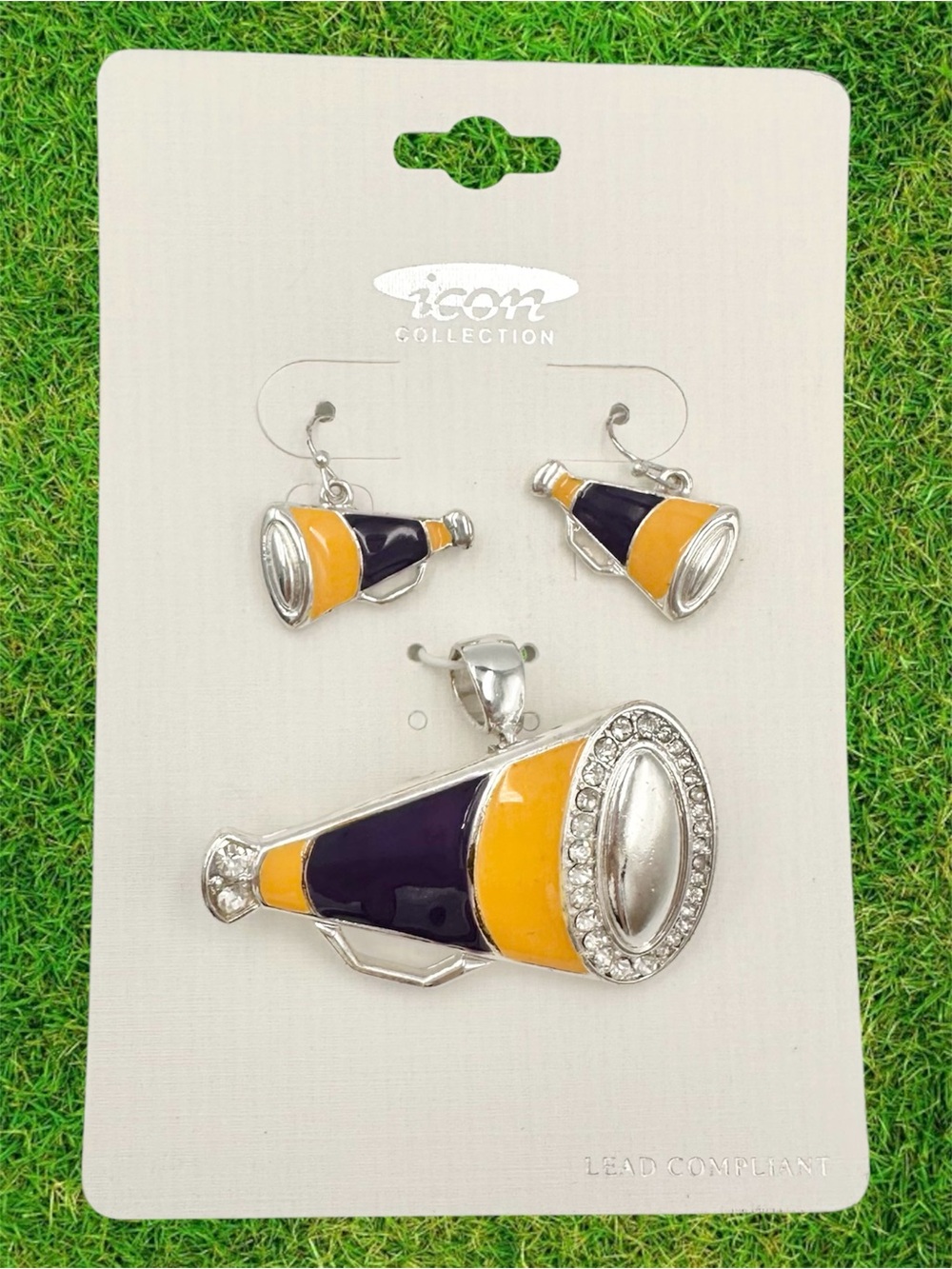 Purple & Yellow Cheerleader Megaphone School Spirit Pendant Brooch Earrings